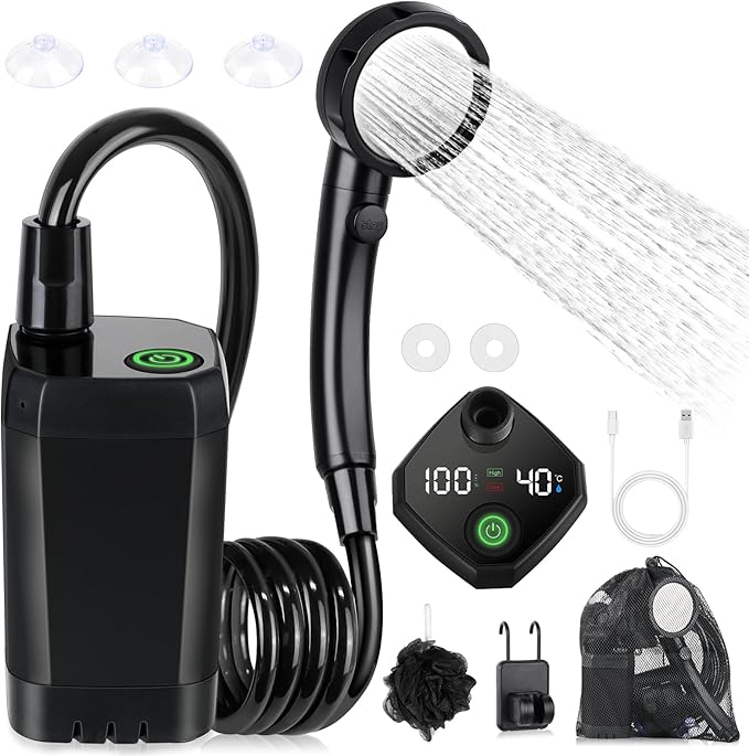 Portable Shower for Camping, [Long-Lasting] 6000mAh Rechargeable | Camping Shower with Intelligent LED Display, 4 Spray Modes, IPX7 Waterproof Outdoor Camp Pump for Hiking, Travel, Car, Pet