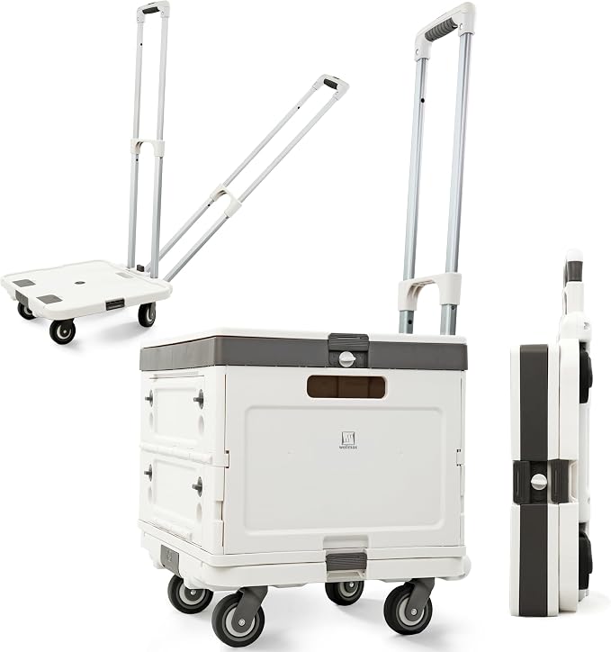 Wellmax Rolling Crate with Wheels, Foldable Utility Cart, 132 lb, White | Adjustable Telescoping Handle, Silent Rolling Wheels, Collapsible Rolling Crate for Car Trunk, Teachers, Office & Groceries