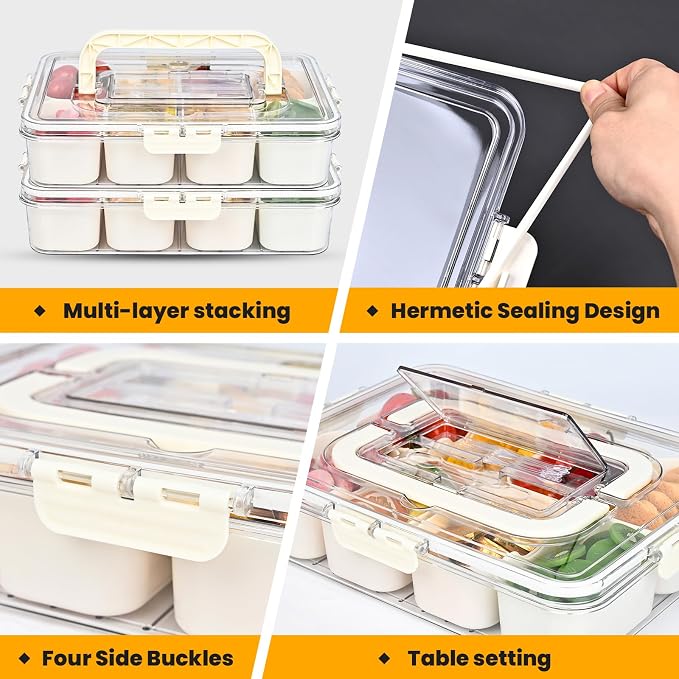 Linn'sCollection (2Pcs) Divided Serving Tray with Lid, Snackle Box Container with Cutlery Storage, 8 Fruit Forks, 2 Spoons, Fruit Tray, Portable Snack Organizer, 8 Compartments Snack Tray With Lid