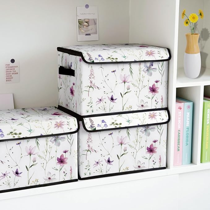 Stackable Storage Bins with Lids,Closet Organizers Fabric Box for Home and Office,Blanket Clothes Organizers,Under Bed Storage Containers 3 Pack