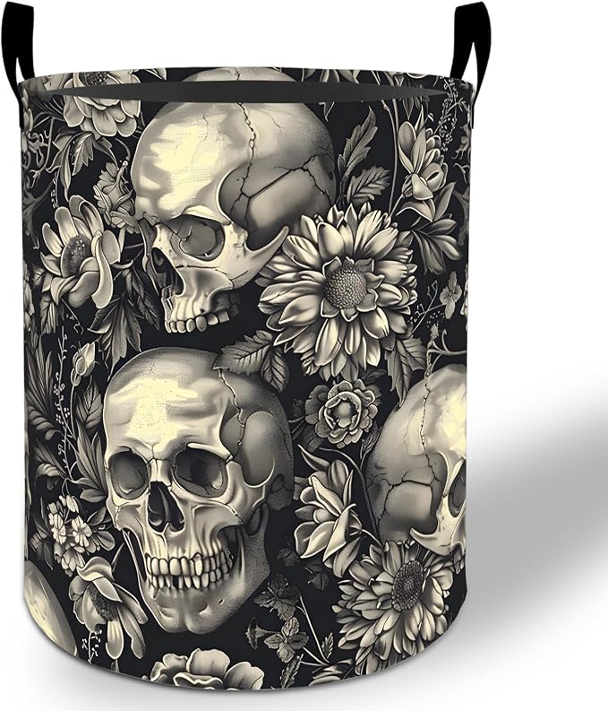 Skull Floral Laundry Basket Hamper 19.7"x15.8", Gothic Foldable Waterproof Oxford Clothes Storage Bucket for Room Bathroom Bedroom Nursery Decor, Toy Organizer Bins Gifts for Kids Boys Girls