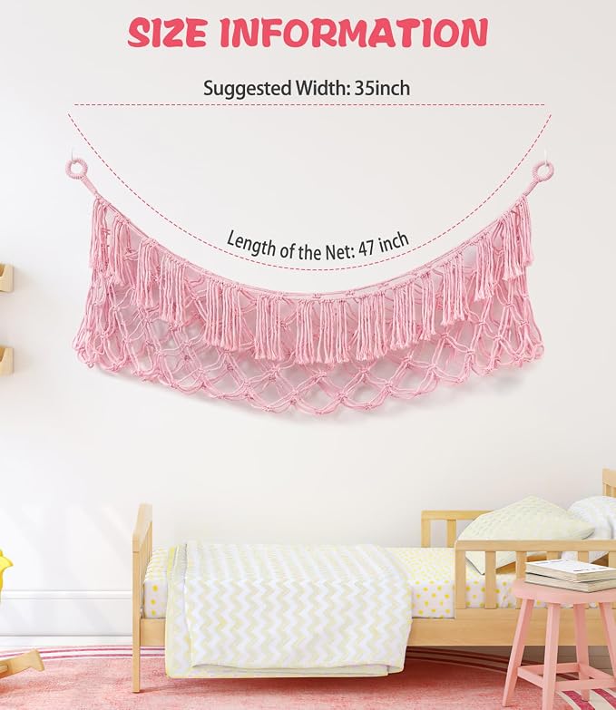 Stuffed Animal Net Hammock, Save Space Eliminate Clutter (Light pink) | Premium Cotton Hand-knitted plush hammock, Boho Stuffed Animal Storage for Nursery, Bedroom Decor, playrooms