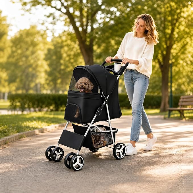 ZENY Foldable Pet Stroller, Cat/Dog Stroller with 4 Wheels | Pet Travel Carrier Strolling Cart with Storage Basket, Cup Holder, Black