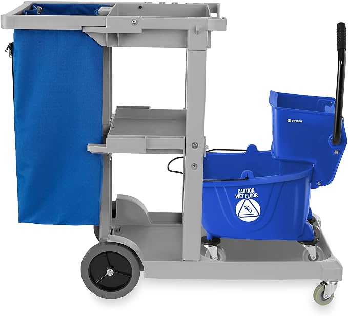 Commercial Janitorial Cleaning Cart on Wheels with Shelves and Vinyl Bag & Commercial Mop Bucket with Side Press Wringer, 26 Qt. Blue