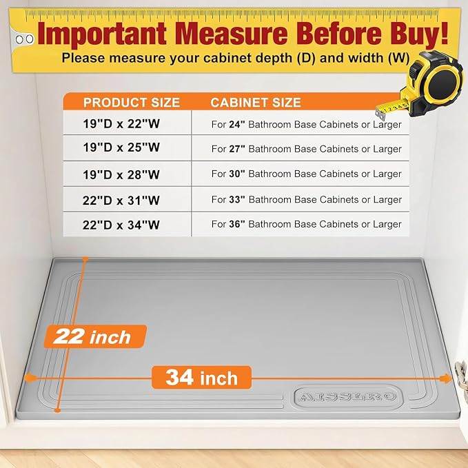 Under Sink Mat 34" X 22", Waterproof Silicone Cabinet Kitchen Liner, Gray | BPA-Free Raised-Edge Cabinet Protector & Leak Tray for Bathroom Cabinets, Boots, Pet Feeding Dog & Cat Mats, Dishwasher Safe
