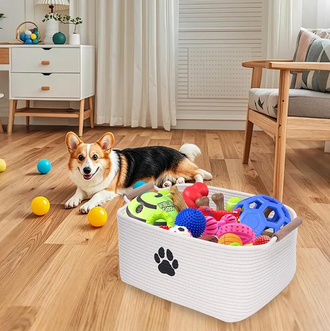 dog toy basket Cotton Rope dog toy box with wood handle pet toy bin Blanket Storage Basket Decorative Clothes Hamper Basket Large Baskets