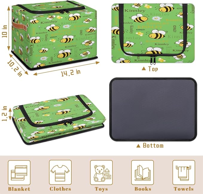 Personalized Foldable Storage Basket with Name, Cartoon Bee with Daisy Floral Spring Green Zipper Lid Laundy Hamper Dirty Clothes Toys Storage Bin with Handles for Shelf Home Closet