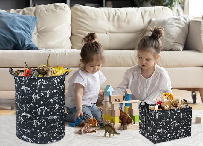 Rectangular Dinosaur Basket Empty Cute Storage Bin Organizer Box Dinosaur Room Decor for Books(Black Dinosaurs)