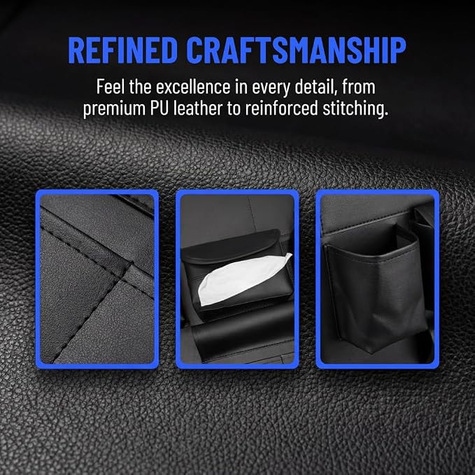 2 Pack PU Leather Premium Car SeatBack Organizer Travel Accessories Kick mats Back seat Protector and Cup Holder Holder Universal Use Seat Covers (23×17 in)
