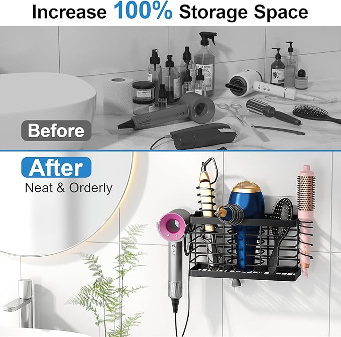 2026 Upgraded 3-in-1 Universal Hair Tool Organizer, L Size, Black | Adjustable Height Metal Hair Dryer Holder, Wall Mounted, Over Cabinet Door, Countertop, Bathroom Storage
