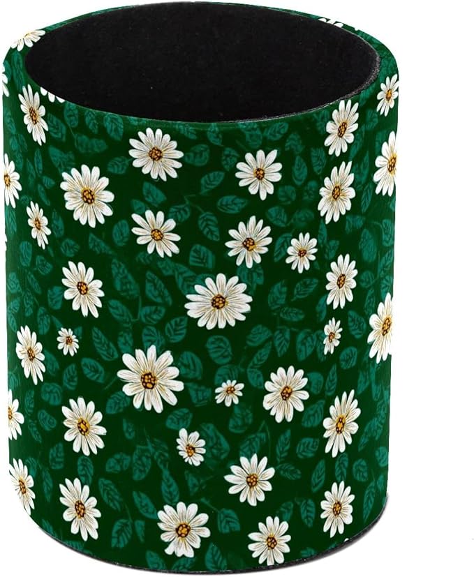 Faux Leather Pen Holder for Desk, Pencil Organizer Daisy Pen Cup Desk Decor Makeup Brush Holder Storage for Office Home
