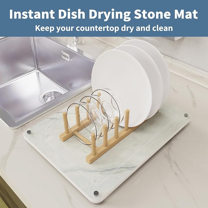 Dish Drying Stone, Water Absorbing Stone Dish Drying Mats for Kitchen Counter, Non-Slip Stone Drying Sink Tray Pad for Dish Bottles Cups, Diatomaceous Earth Sink Caddy Organizer, Beige Marble