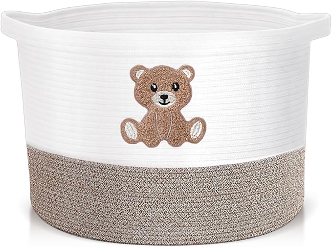 LemonRoad Extra Large Basket 20"x14", Woven Basket for Laundry Blanket Toy Box with Handle Storage, Blanket Storage for Living Room Nursery Pillows Chest(Cotton Rope,Cute Bear,Brown)