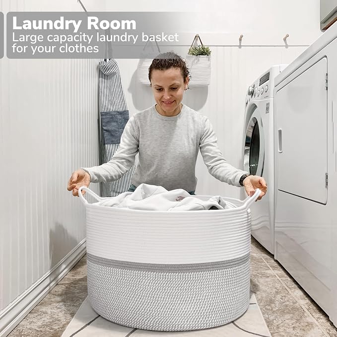 CHICVITA 85L Large Cotton Rope Blanket Basket with Handles, Grey | Woven storage basket for laundry, pillows, toys. Decorative for living room, bedroom, nursery, 22x22x14in
