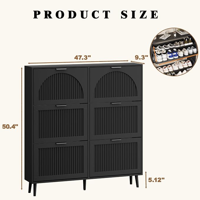 Shoe Storage Cabinet with 6 Flip Drawers, Narrow Wood Shoe Organizer Cabinet with Fluted Panel, Slim Shoe Rack for Entryway, Freestanding Shoe Cabinet for Living Room, Hallway, Black