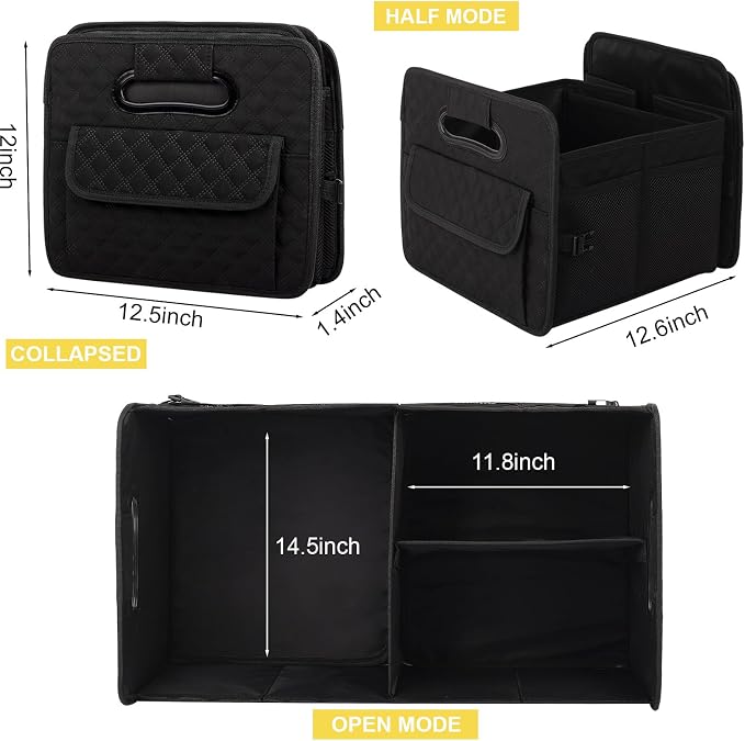 Car Trunk Organizer for SUV, Collapsible Car Storage Organizer Large Black | Sturdy, Strong Capacity, Diamond Decor, Multi Compartment Container Box Adjustable Car Accessories for Sedan Truck