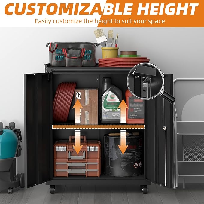32''H Metal Storage Cabinets with Lock, Metal Garage Storage Cabinet on Wheels, Lockable Rolling Tool Chest Cabinet with Doors & Adjustable Shelves for Garage, Home, Office, Assembly Required