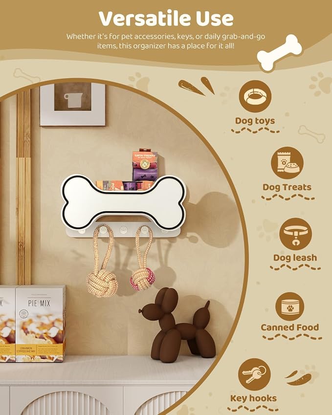 MTERSN Dog Leash Holder for Wall for Apartment Essentials, Black & White | Chic 3D Puppy Paw Hooks for Dog Leash, Doggie Bone Shape, Key Holder for Wall with 5 Hooks, Dog Stuff Storage Shelf