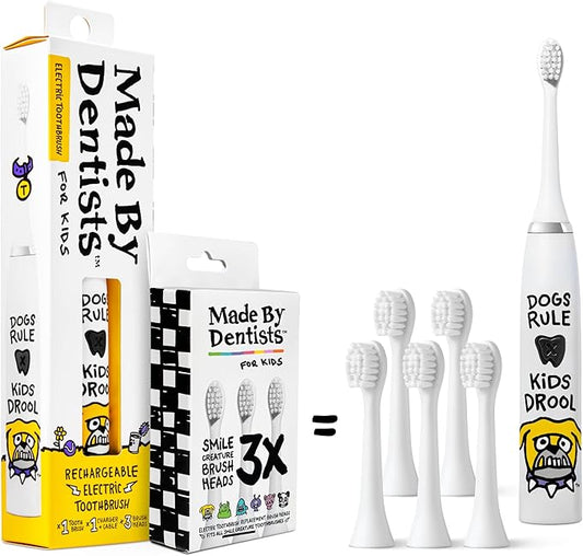 Made by Dentists Kids Electric Toothbrush - Rechargeable Vibrating Toothbrush with Timer, Includes 6 Replacement Heads, Gently Cleans Teeth, Kid & Toddlers Age 2+, (Bulldog)
