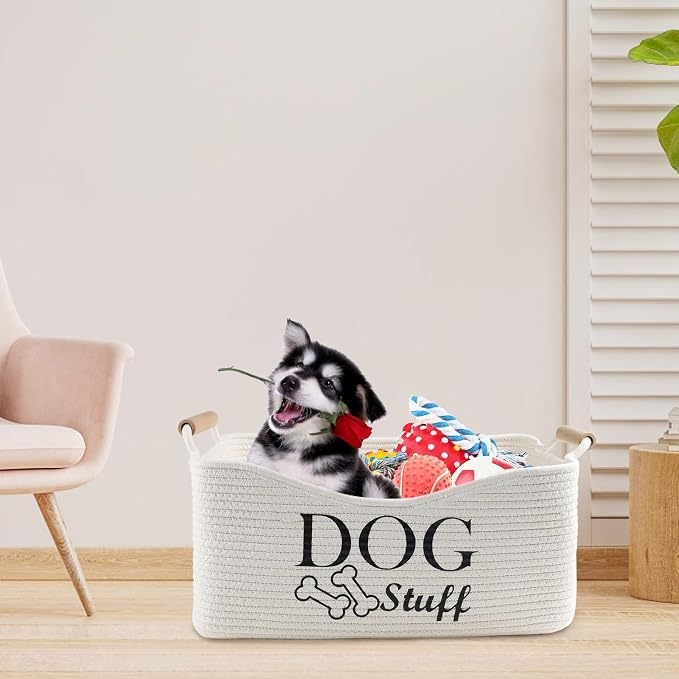 Woven Dog Toy Basket,Dog Stuff Organizer,Collapsible Dog Toy Bin | 100% Cotton Rope Basket with Wood Handles, Dog Organizer for Dog Toys,Collar,Leash,Blankets,Soft and Durable-Beige