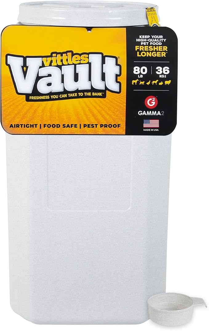 Vittles Vault Traditional Dog and Cat Food Container + Scoop, Gray, 80lbs | BPA Free Plastic, Sealed Airtight for Kibble, Bird Seed, Oatmeal and More; Includes Scoop, Made in USA