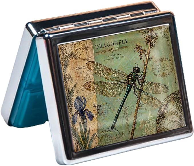 Weekly Pill Organizer with Mirror, 8 Compartments Chrome Pill Box, Portable Travel Medication Organizer for Vitamins and Supplements, Compact Pocket Pill Case for Daily Use (Dragonfly)