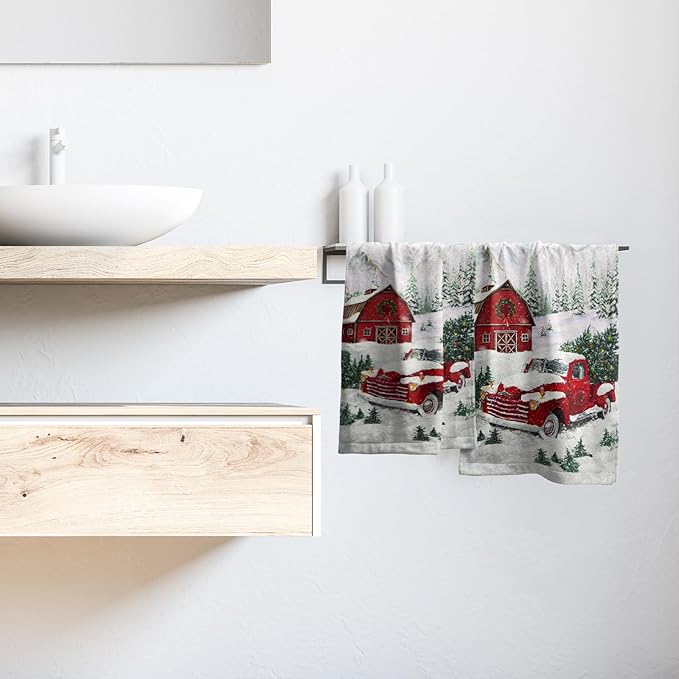 Giwawa Merry Christmas Hand Towels Set of 2 Red Truck Face Guest Towel Xmas Holiday Decorative Soft Fingertip Towel for Bathroom Kitchen Yoga Gym