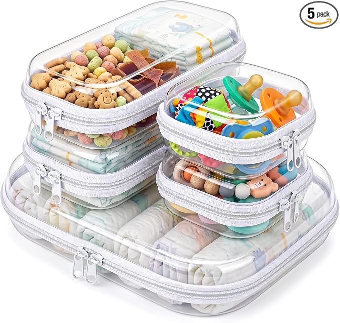 5 Pack Clear Hard Shell Zipper Case for Diaper Bag Organizer | 3 Size Travel Storage Pouch, Waterproof Pacifier Snacks Wipes Box, Cosmetic Makeup Toiletry Holder
