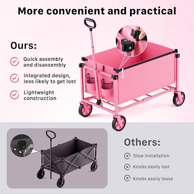29.3" Collapsible Wagon Cart, 150L Heavy Duty Folding Utility Wagon with Wheels, 260 lbs Load, Portable Rolling Cart for Garden, Shopping, Sports, Camping, Pink