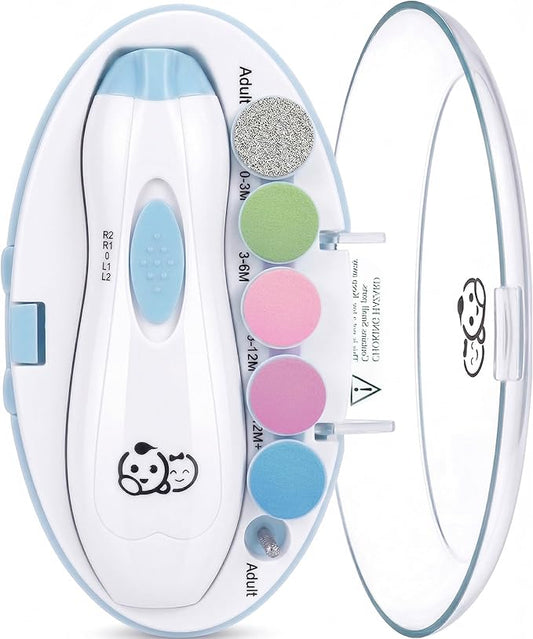 Royal Angels Upgraded 6 in 1 Baby Nail Trimmer with Labeled Case, 4 Colored Pads for Newborns to Toddlers, Whisper Quiet Electric Nail File with LED Light, Safe Manicure Set for Families (Babyblue)