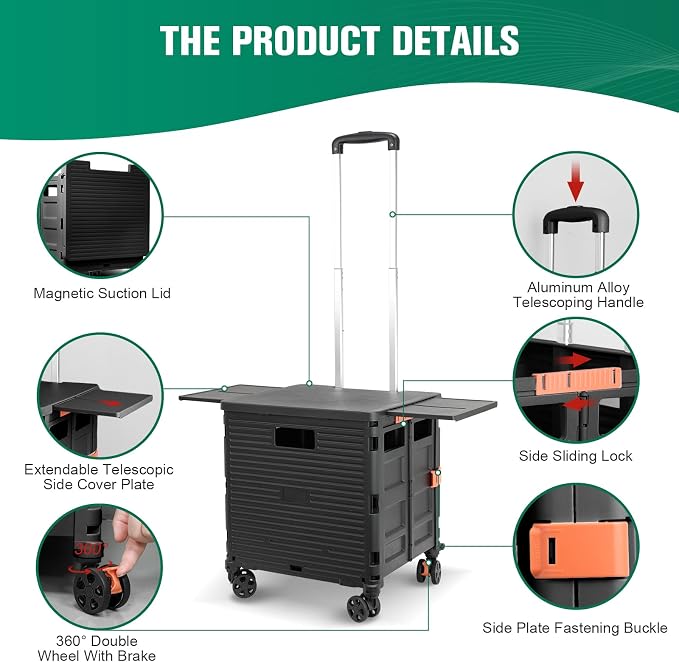 FELICON SELORSS Folding Utility Cart Portable Rolling Crate Handcart-Black | Magnetic Sliding Lid,Telescoping Handle,Plastic Box Dolly,360°Swivel Wheels for Travel Shop Move Laundry Office Teacher Use