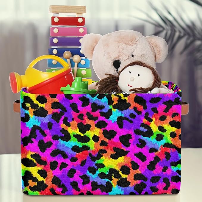 Pardick Colorful Leopard Print Basket Storage Bins Large Fabric Toys Storage Cube Box with Handles Collapsible Closet Shelf Cloth Organizer Basket for Nursery Bedroom Bathroom Holiday Gift