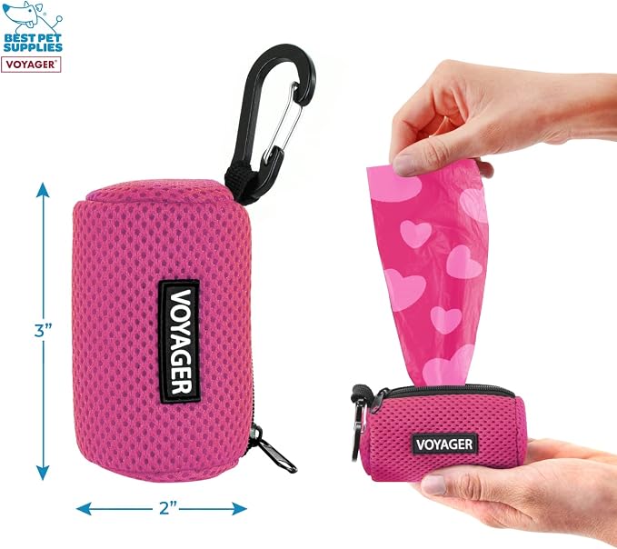 Best Pet Supplies Dog Poop Bag Holder Leash Attachment with Reusable Dispenser for Travel, Walking, Park, and Outdoor Use, Durable with Clip-On - Fuchsia, Mesh Dispenser w/15 Bags