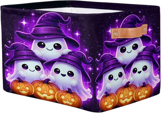 Halloween Basket Storage Bins Rectangle Canvas Basket Cube Storage Box | Nursery Foldable Basket with Handle for Kids Girls Boys Toys Living Room Closet Organizer Shelf Gifts Spooky Decor (261)
