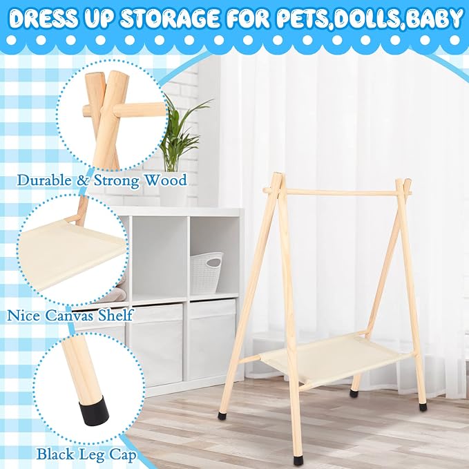 Queekay Baby Clothing Rack for Baby Shower Toddlers Wooden Kids Dress up Rack with Storage Shelf for Toddler Dogs Pets Small Clothes Kids Garment Closet(28.7" h,Natural)