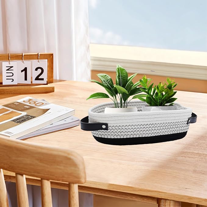 1 Pack Small Woven Storage Basket for Toilet Tank Top, Bathroom Countertop Organizer Basket Cotton Rope Toilet Paper Storage Toilet Paper Decorative Basket 13"x6"x4" (Black/White)