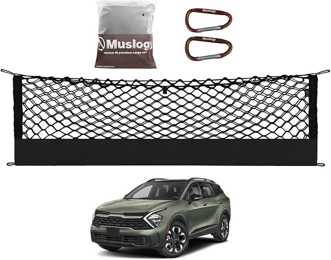 Muslogy Cargo Net for 2023 2024 2025 2026 Kia Sportage Accessories | Custom Fit, Trunk Storage Organizer Net for SUV Sedan Van Divider, with Heavy Duty Carabiners, Night Visible Grab Handle