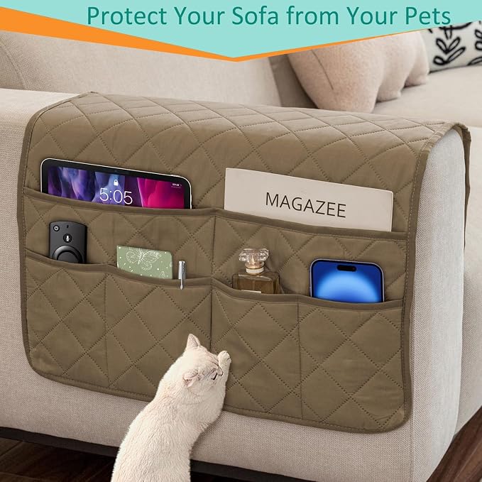 Remote Control Holder for Recliner Non-Slip Armchair Caddy Couch Armrest Organizer, Arm Chair Bedside Caddy Storage Organizer for Recliner Couch With 6 Pockets for Magazine, Phone, iPad (Beige)