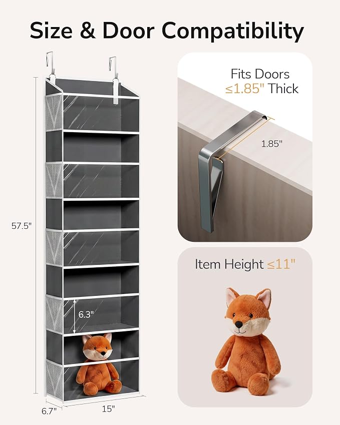 ULG Stuffed Animal Organizer Over the Door, Large Hanging Plush Toy Storage with Mesh Window, Cotton Kids Toy Organizer for Bedroom, Nursery, Playroom & Baby Items Dark Grey
