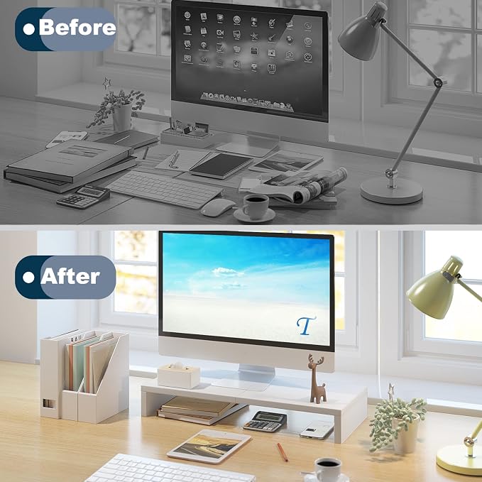 TEAMIX 20 inch White Monitor Stand Riser, Wood Desktop Computer Stand | Fits Laptop, Printer, TV, PC Tower, Full Keyboard Storage Underneath, Ergonomic, Desk Organizer for Home Office Gaming Vanity