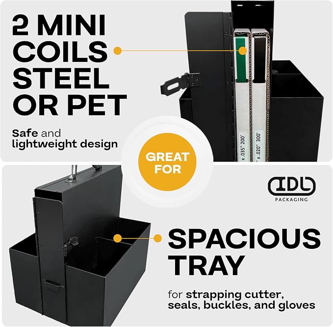 IDL Packaging Strapping Cart & Dispenser for Steel, PET & PP Mini Coils | CA-920 for All Types of Mini Strapping Coils - Multi-Functional Box/Case - Spacious Storage Tray for Tools, Seals & Gloves