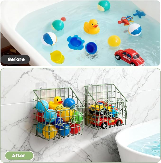 Greentainer 2 Pack Bath Toy Storage Organizer, Large Rustproof Metal Wire Basket, Wall Mounted Hanging Bathtub Holder, Bathroom Shower Caddy for Tub Toys & Toiletries