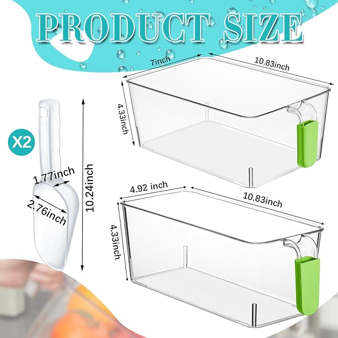 Havawish Ice Storage Bin and Flexible Scoop Set Plastic Freezer Bin | Freezer Ice Bin Scoop, Clear Bucket Container, Pull Handle, Flexible Storage, 10.83 X 7 X 4.33 In,10.83 X 4.92 X 4.33 in