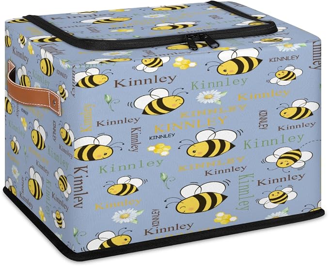 Personalized Storage Bins with Zipper Lid, Customized Name Storage Basket Rectangle Clothes Organizer for Kids and Pets Toys Shelf Closet, Cartoon Bee with Daisy Floral Grey Blue Background