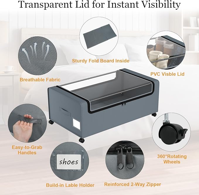 Webetop 12 Inch Under Bed Storage Containers, Rolling Organizer 2 Pack Grey | Transparent Cover, Reinforced Steel Frame, Smooth-Rolling Wheels, Easy Access, Seasonal Item Storage, Space Efficient