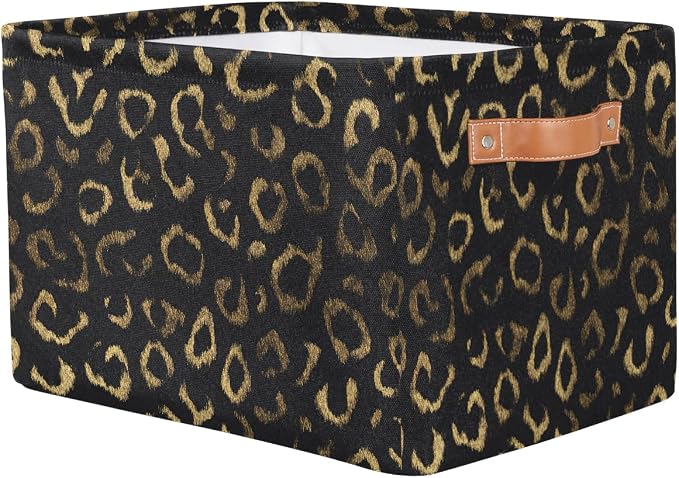 Pardick Black Gold Leopard Basket Storage Bins Large Fabric Toys Storage Cube Box with Handles Collapsible Closet Shelf Cloth Organizer Basket for Nursery Bedroom Bathroom Holiday Gift