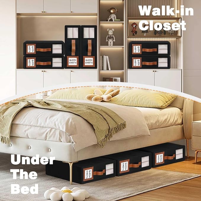 GhvyenntteS 12 Pack Bed Sheet Organizers and Storage, Sturdy Bed Sheet Organizer with Zipper and Handle, Foldable Linen Closet Organizers and Storage with Window and Label, Black