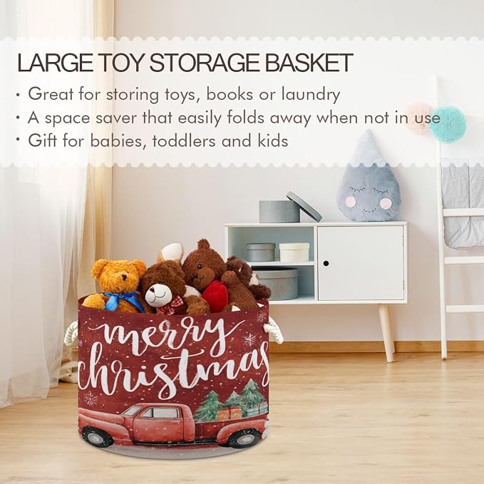 Large Storage Basket for Toys Christmas Red Snowman Truck Print Storage Bin Box Organizer Basket for Laundry Hamper Kid's Room Baby & Dog Toy