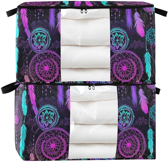 Generic Rainbow Colorful Dream Catcher Clothes Storage Bag Bins 2 Pack Foldable Storage Containers Large Closet Organizer with Zipper Quilt Bag for Bed Sheets Comforters Clothing 60L