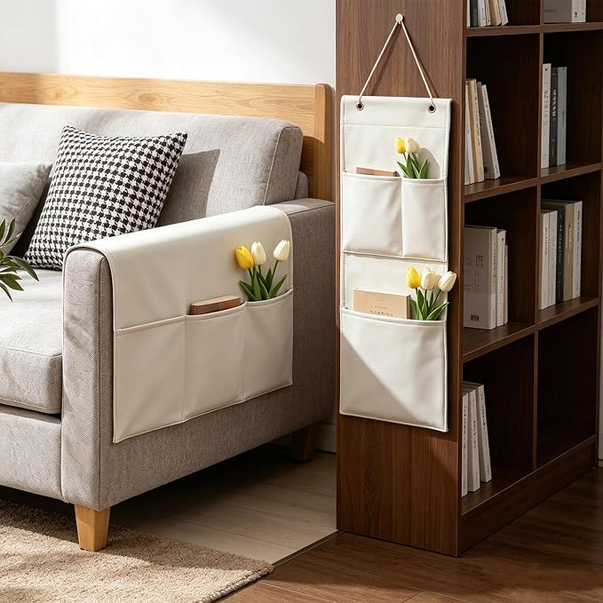 Sofa Armrest Cover with Pockets Set of 2 Furniture Protector Slip Technical Fabric Non Slip Recliner Organizer Remote Holder Caddy Accessories for Living Room Bedroom Kitchen Home 24*43.3 Inch Beige